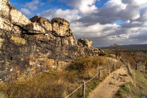 Hiking trail at the Devil's Wall rock formation in the Harz district near Thale and Weddersleben,