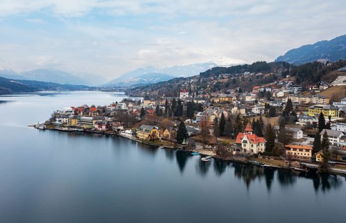Drone shot, view of the town, Millstatt, Lake Millstatt, Carinthia, Austria, Europe
