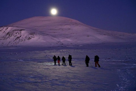 Early morning snowshoe hike with a full moon, Dovrefjell-Sunndalsfjella National Park