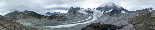 Aerial view, Alpine panorama, mountain hut Cabane des Dix, mountain landscape with glacier Glacier