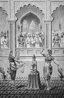 Dancers at the court of a maharaja, elegant movements, dance around a Buddha statue, male