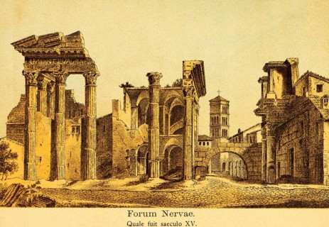 Ruins of the Forum Nervae or Foro di Nerva, Nerva Forum in the 15th century, columns, archway,