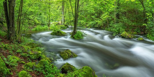 White water and rapids on the Trieb stream in the Triebtal nature reserve in Vogtland, Plauen,