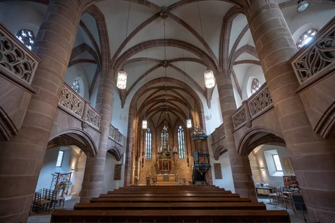 Interior with altar of the Church of St Nicholas and St Ulrich, nave built around 1400, Kirchenberg