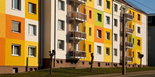 Geometrically and colourfully designed apartment buildings of a housing association, Halberstadt,