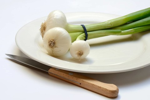 Onion, spring onions and knife on plate