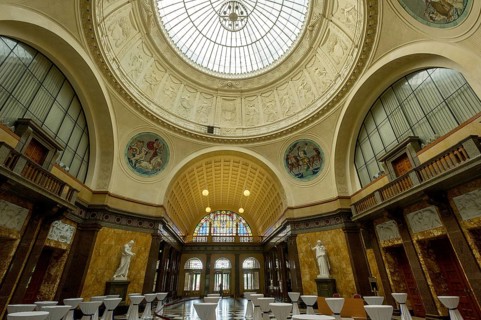 Foyer with glass dome of the Wiesbaden spa hotel and casino, Wiesbaden spa, Hesse, Germany, Europe