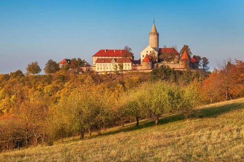 The Leuchtenburg in Seitenroda near Kahla in autumn, Saale Valley, Thuringia, Germany, Europe