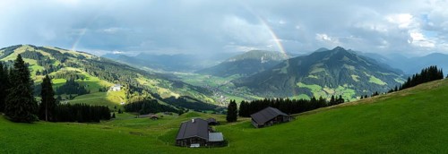 Alpine panorama in summer, rainbow, alpine hut, view over the Brixen valley, Hochbrixen, Brixen im