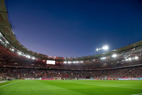 Long shot, overview, floodlight match, blue hour, Cannstatter Kurve, MHPArena, MHP Arena Stuttgart,