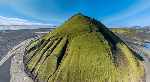 Aerial view, Mælifell mountain covered with moss, Maelifell, black sand desert Mælifellssandur,