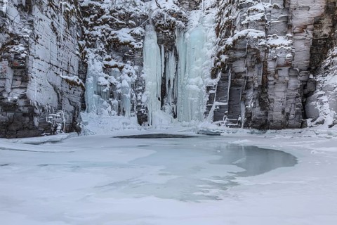 Gorge, canyon, river, waterfall, icy, ice, snow, winter, Abisko Canyon, Abisko National Park,