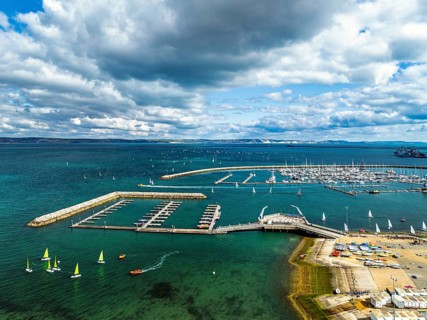 Sailboats on Portland Branch RNSA Moorings from a drone, Portland Harbour and Marina, Portland,