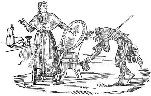 The obsequious priest Thaddeus apologises to the papal nuncio for a heretical speech on the