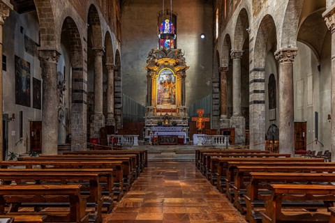 Altar and interior of the church of San Michele in Borgo, Pisa, Tuscany, Italy, Europe