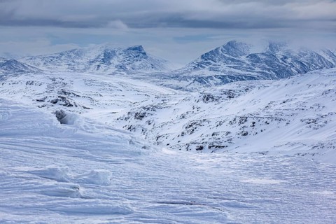 Winter mountain landscape, snow, snow drifts, cloudy, Lapporten, Laponia, Lapland, Sweden, Europe