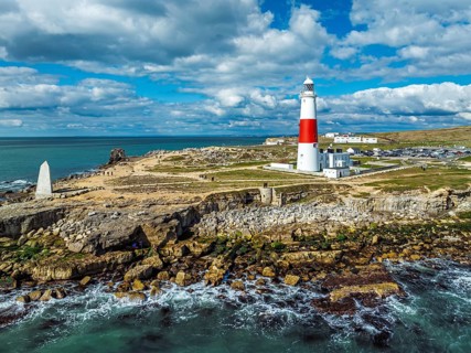 Portland Bill Lighthouse from a drone, Portland Bill, Isle of Portland, Dorset, England, United