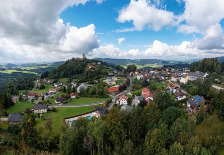 Drone shot, view of the town, Waxenberg castle ruins, Waxenberg, Mühlviertel, Upper Austria,