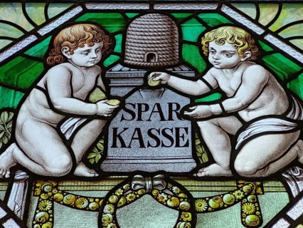 Stained glass window with savings bank motif, Art Nouveau, Quedlinburg, Saxony-Anhalt, Germany,
