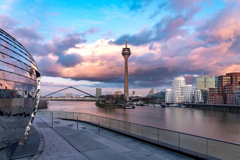 View from the terrace of the Hyatt Hotel of the Gehry buildings - Neuer Zollhof at the Media