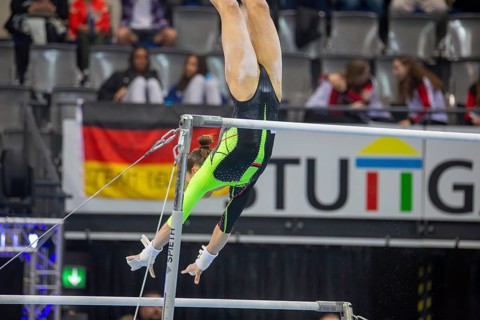 EnBW DTB-Pokal Stuttgart 2025, Mixed Cup***Janoah Müller warming up on the uneven bars