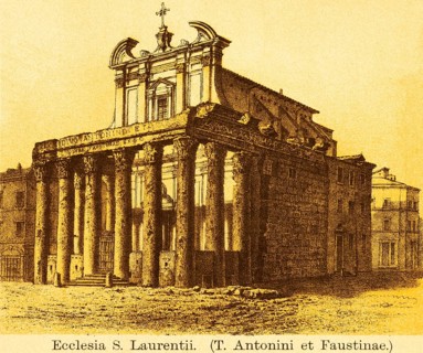 Church Ecclesia S. Laurentii, Temple of Antoninus Pius and Faustina, title, forecourt with columns,