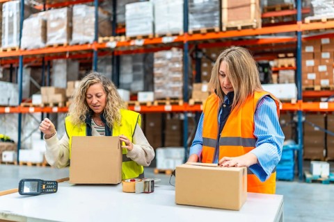 Two female distribution warehouse employees prepares packages to deliver