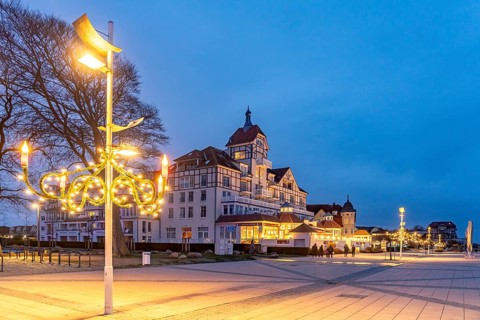 Baltic Sea promenade at Baltic Platz with Christmas lights in the Baltic seaside resort of