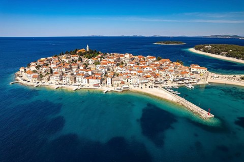 The peninsula with the old town centre of Primosten seen from the air, Croatia, Europe