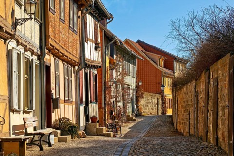 Half-timbered houses with cobblestones on the Schlossberg, Old Town of the World Heritage City of