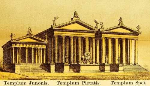 Templum Juninis, Templum Pietatis, Templum Spei, temple, columns, statues, stairs, equestrian