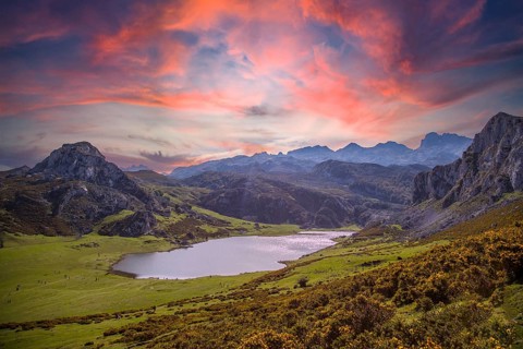 The beautiful lake of Covadonga in Asturias, a beautiful spring sunset, Picos de Europa. Spain
