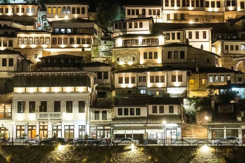 Detail of houses in the illuminated historic town of Berat in Albania, UNESCO, the city of a