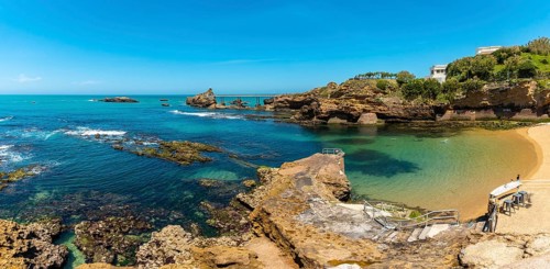 Coast of Plage du Port Vieux on a summer afternoon. Municipality of Biarritz, department of the