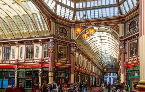 Historic covered shopping arcade Leadenhall Market, City of London, London, England, UK architect