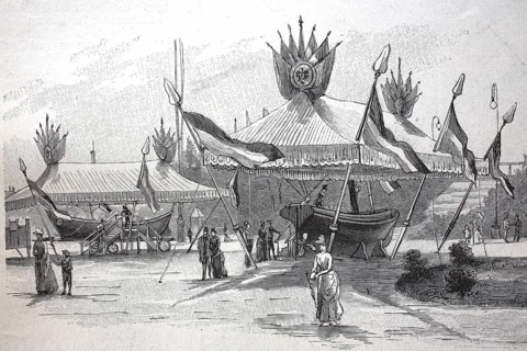 Exhibition on accident prevention in Berlin 1889, lifeboat with trolley and steam lifeboat, digital