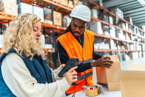 Two multi-ethnic warehouse workers scanning boxes to deliver in a distribution warehouse