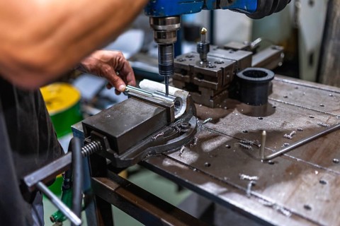 Close-up of male worker working using threading machine in cnc metal workshop