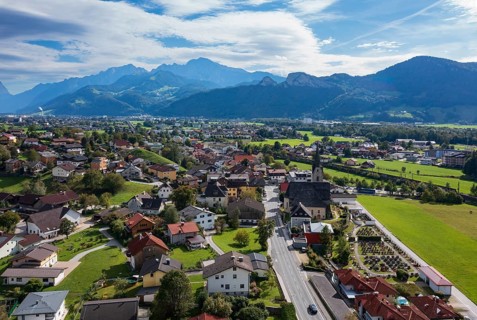 Drone image, view of village with church, Puch near Hallein, Salzachtal, Tennengau, Salzburg