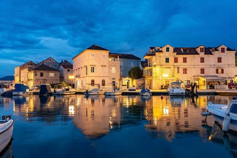 Trogir marina at dusk, Trogir, Croatia, Europe
