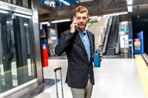 Businessman waiting for subway, talking on phone and holding reusable coffee cup, in a subway