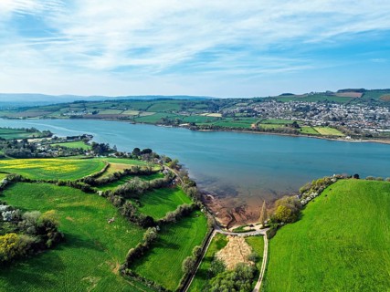 Farms and Fields over River Teign from a drone, Teignmouth, Shaldon, Devon, England, United
