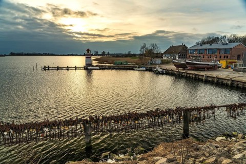 Harbour and lighthouse of Waase, Ummanz, Island Ruegen, Mecklenburg-Western Pomerania, Germany,
