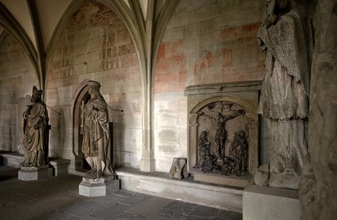 Statues, frescoes, wall paintings, early Gothic cloister, Cathedral of Our Lady, Constance,
