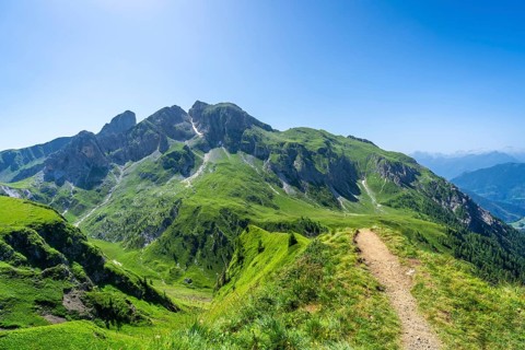 Scenic view of a hiking path leading through vibrant green mountains under a clear blue sky in the