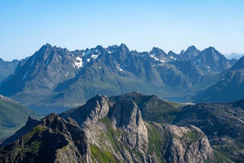 Mountain landscape, view of mountain peaks at the summit of Rundfjellet, Svolvaer, Nordland,