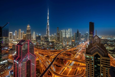 Dubai skyline at night, Burj Khalifa tallest building in the world, United Arab Emirates, Asia