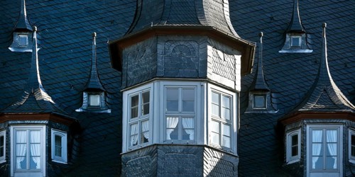 The historic Kaiserworth guildhall, late Gothic building on the market square, detail of gabled