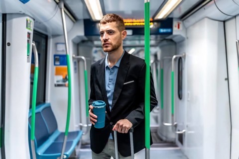 Young businessman commuting to work by subway, holding a reusable coffee cup and a trolley bag