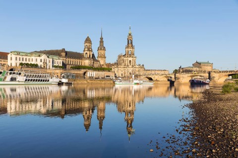 City view with paddle steamer and reflection in the river Elbe, Brühl's Terrace with secondary
